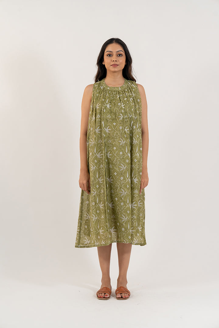 Cotton Hand Block Printed Dress - Pista Green