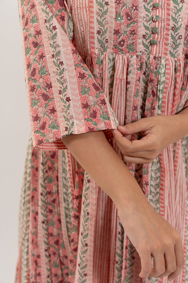Cotton Hand Block Printed Dress - Peach Pink