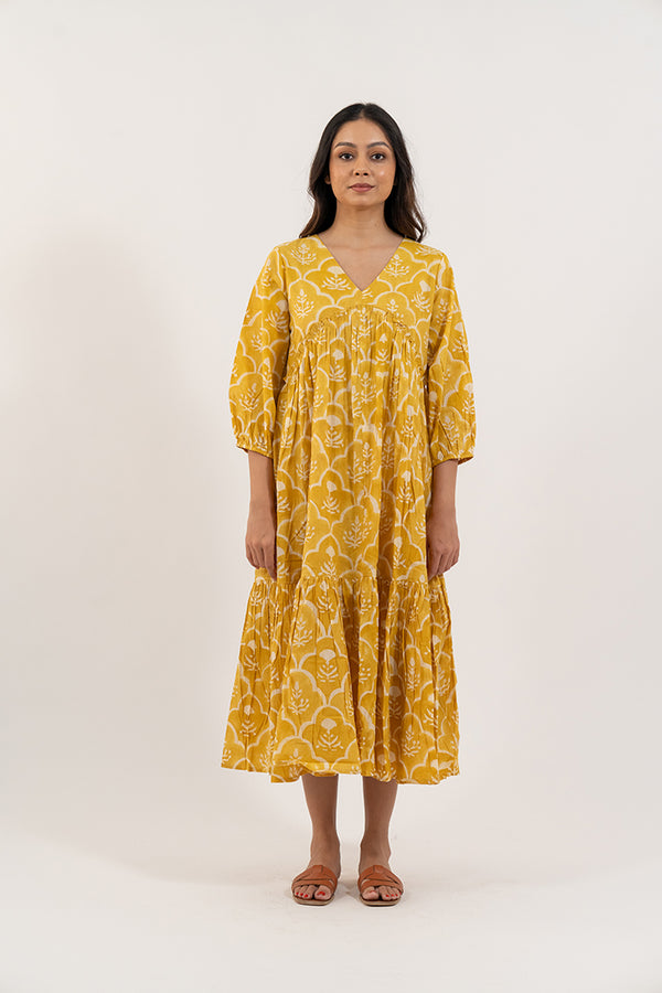 Cotton Hand Block Printed Dress - Yellow