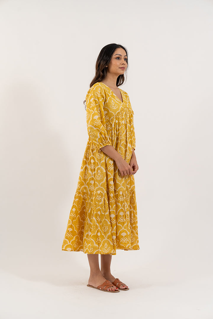 Cotton Hand Block Printed Dress - Yellow