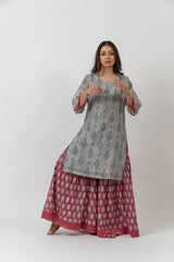 Chanderi Hand Block Printed Kurta With Sequins Details - Slate Blue