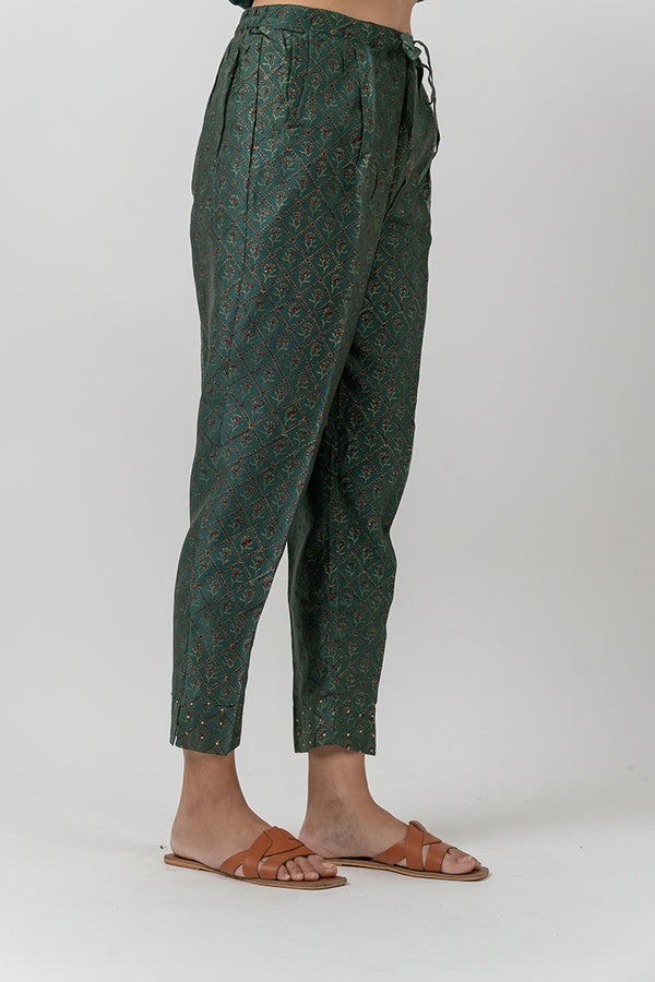 Chanderi Hand Block Printed Narrow Pant - Jade Green