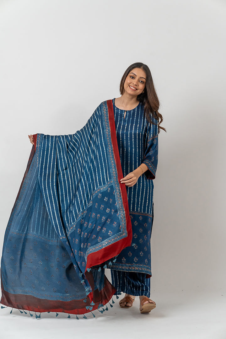 Ajrakh Modal Silk Dupatta | Authentic outlet Ajrakh Hand Block Printed Dupatta | Indigo Small Buti Ajrakh Dupatta