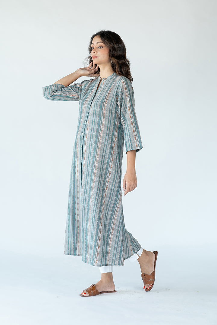 Cotton Ikat A Line Dress - Slate Blue