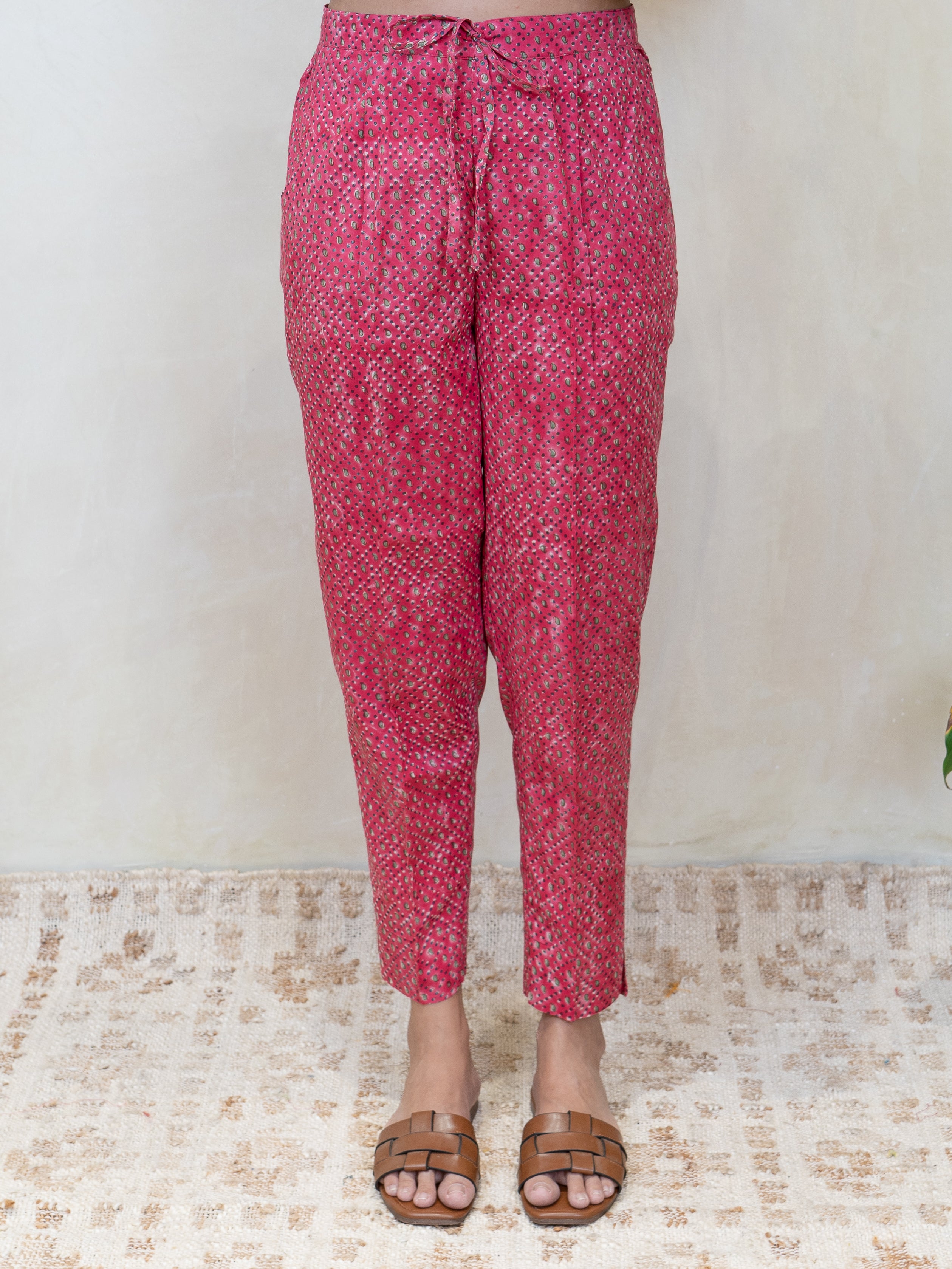White Pink Block Printed Organic Cotton Narrow Pants