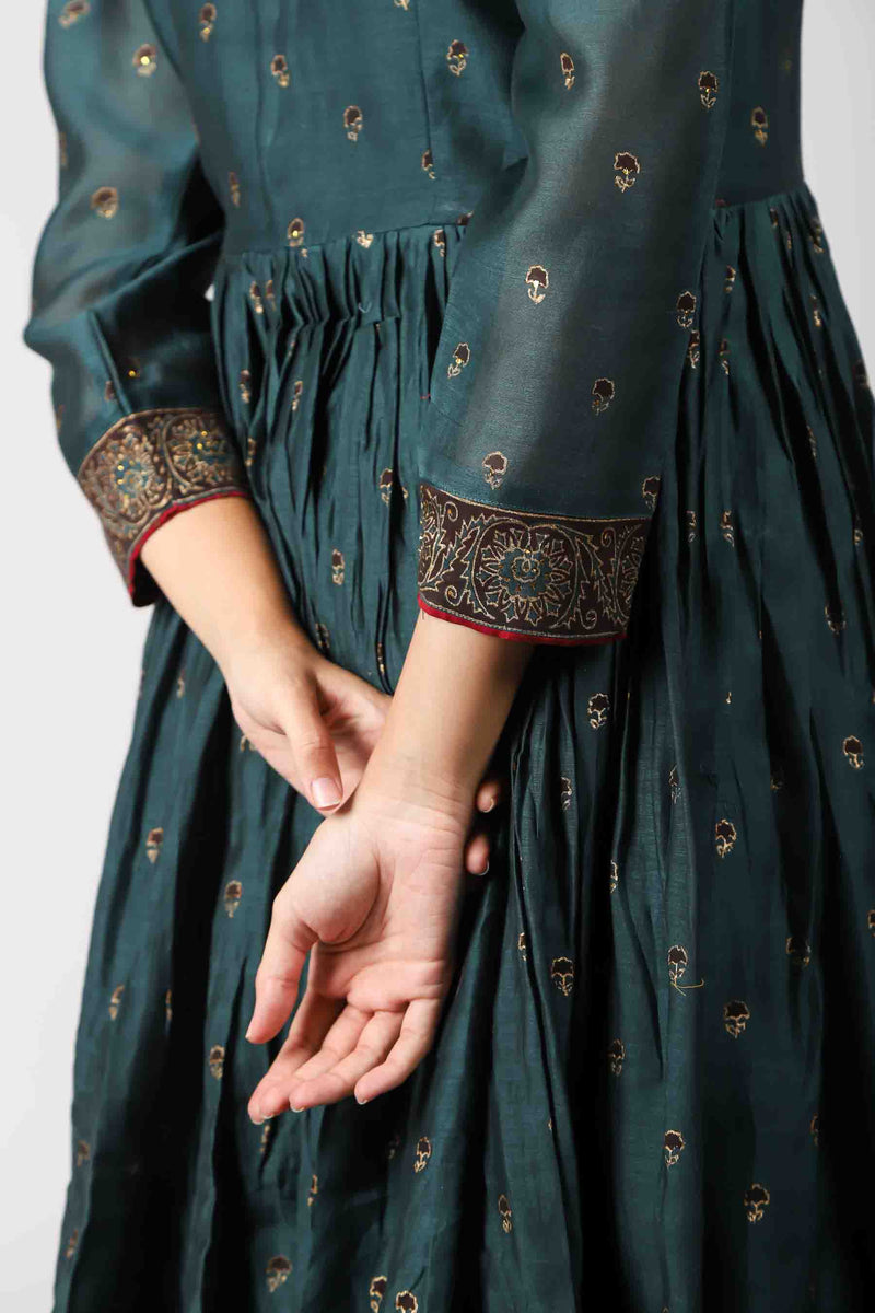 Chanderi Hand Block Printed Gathered Kurta Embellished With Zardozis And Badla Work - Jade Green