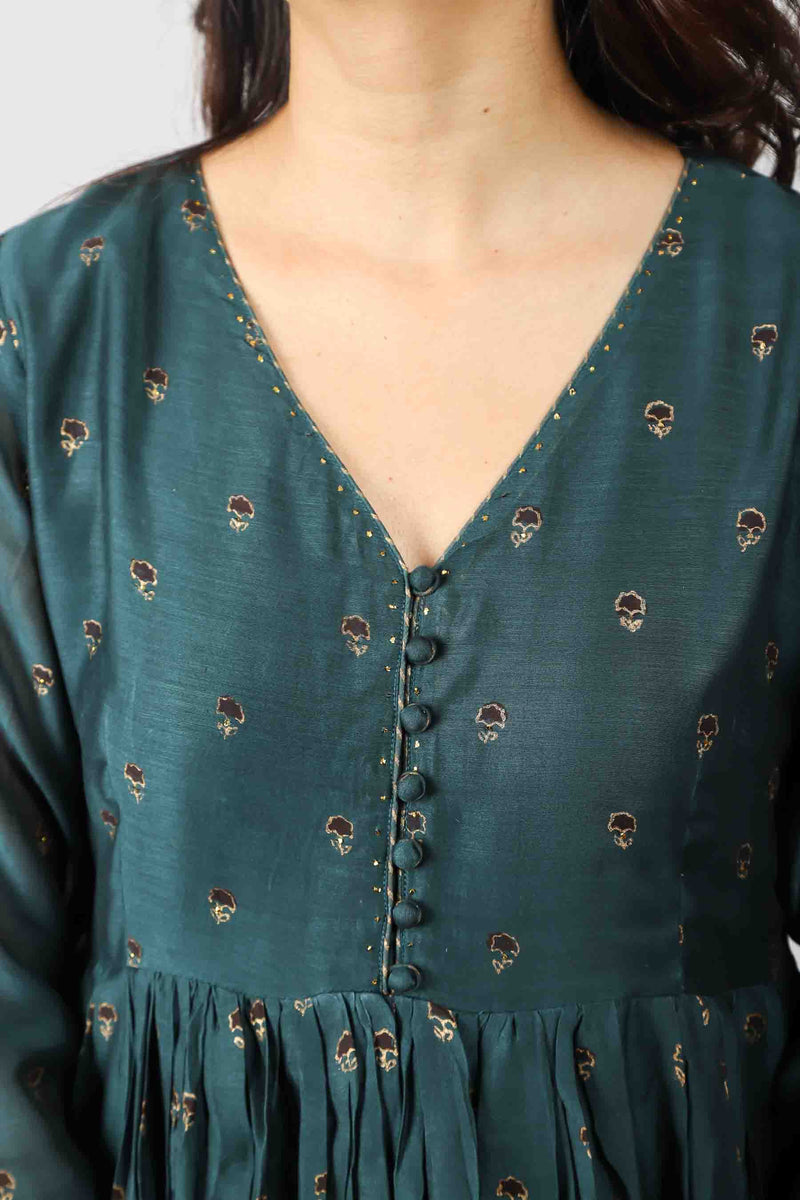 Chanderi Hand Block Printed Gathered Kurta Embellished With Zardozis And Badla Work - Jade Green