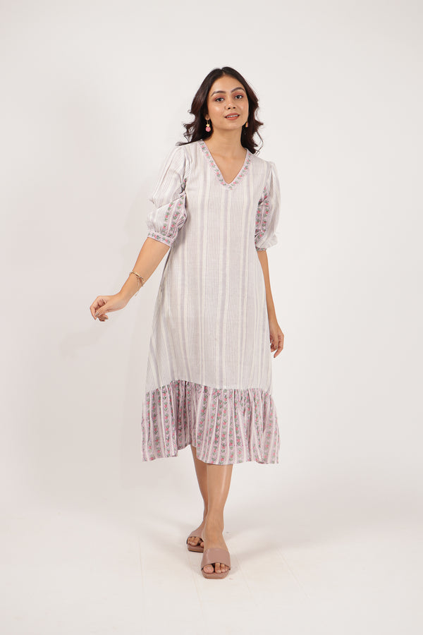 Kala Cotton Dress With Puff Sleeves - Lavender