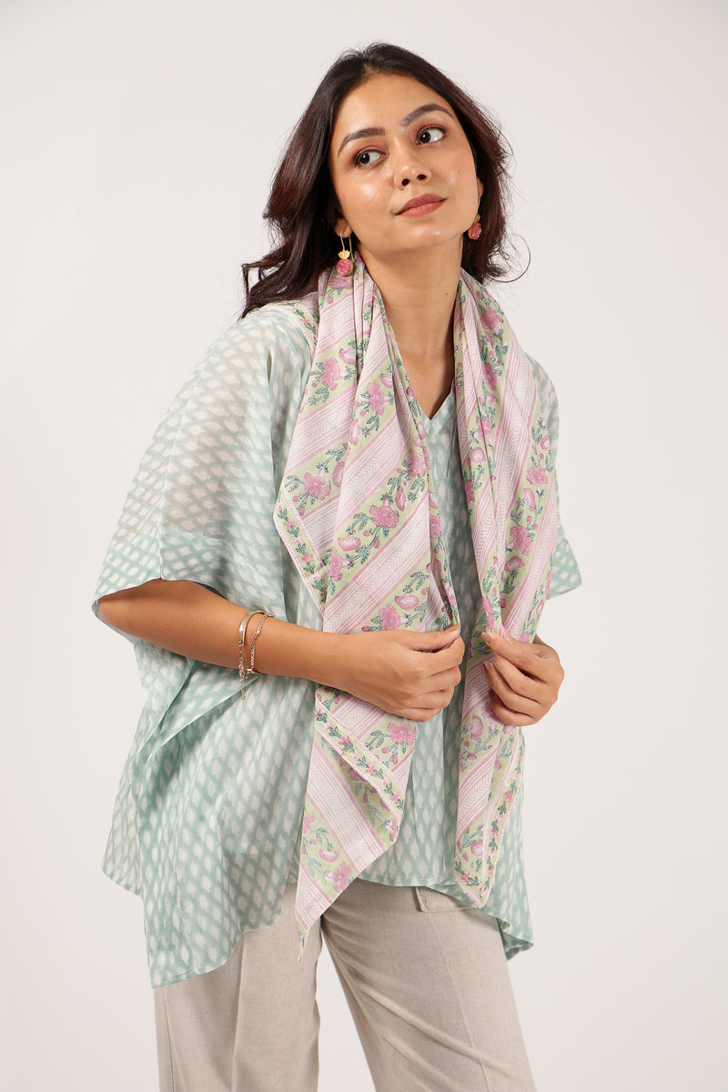 Cotton Hand Block Printed Stole - Teal