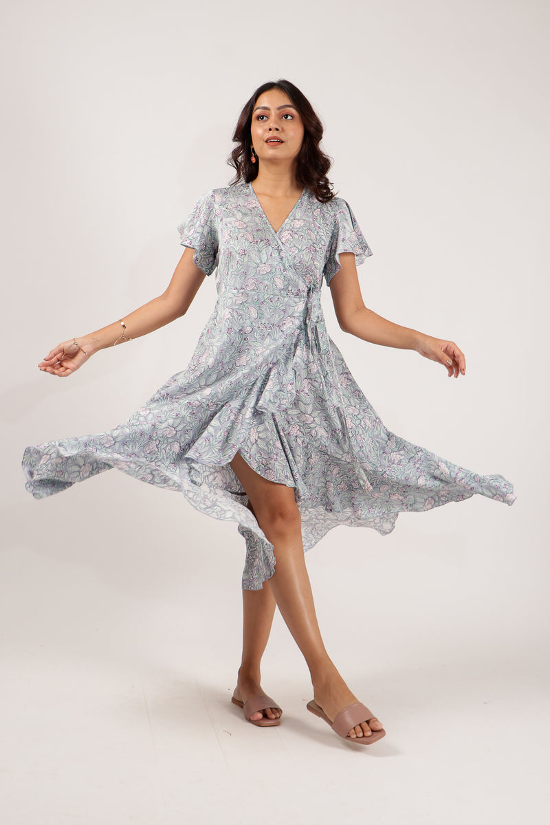 Modal Silk Wrap Dress With Asymmetrical Hemline - Lavender
