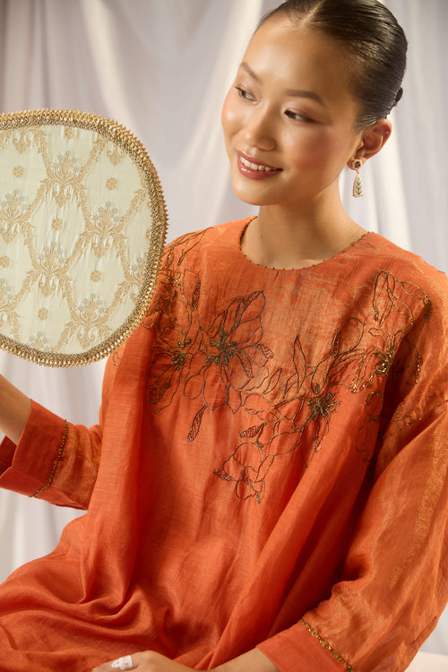 Orange Chanderi Embroidered Tunic