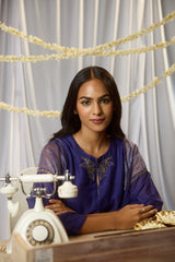 Blue Hand-Embroidered Chanderi Kurta