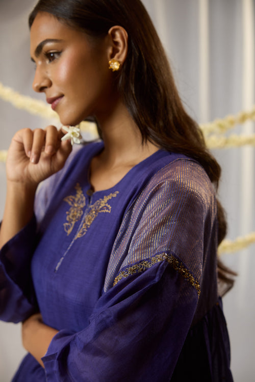 Blue Hand-Embroidered Chanderi Kurta