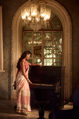 Pastel Striped Chanderi Hand Block Printed Saree