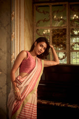 Pastel Striped Chanderi Hand Block Printed Saree