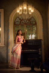 Pastel Striped Chanderi Hand Block Printed Saree