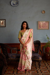 Floral & Striped Chanderi Hand Block Printed Saree