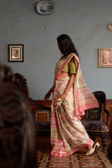 Floral & Striped Chanderi Hand Block Printed Saree