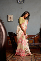 Floral & Striped Chanderi Hand Block Printed Saree