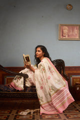 Floral & Striped Chanderi Hand Block Printed Saree