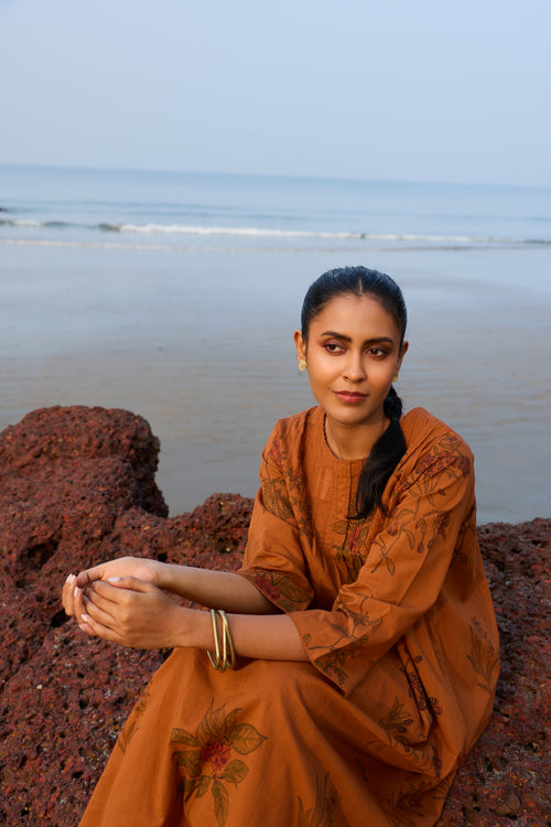 Cotton Hand Block Printed Kurta - Rust