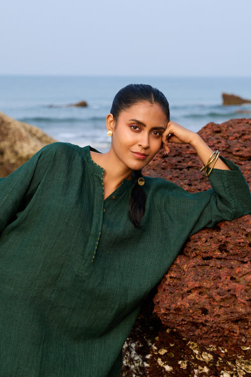 Green Hand-Embroidered Linen Tunic