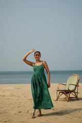 Green Hand-Block Printed Cotton Maxi Dress