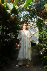 White Floral Chanderi Hand Block Printed Kaftan