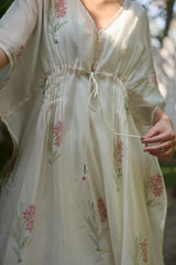 White Floral Chanderi Hand Block Printed Kaftan