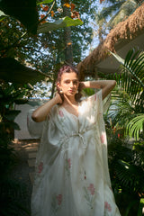 White Floral Chanderi Hand Block Printed Kaftan