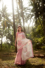 Pink Hand-Block Printed Chanderi Saree