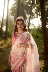 Pink Hand-Block Printed Chanderi Saree