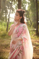 Pink Hand-Block Printed Chanderi Saree
