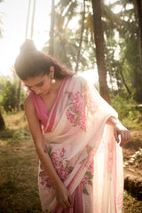 Pink Hand-Block Printed Chanderi Saree
