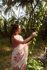 Pink Hand-Block Printed Chanderi Saree