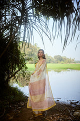 Yellow Hand-Block Printed Chanderi Saree