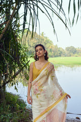 Yellow Hand-Block Printed Chanderi Saree