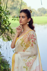 Yellow Hand-Block Printed Chanderi Saree