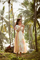 White Floral Chanderi Hand Block Printed Dress