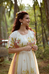 White Floral Chanderi Hand Block Printed Dress
