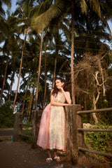 Peach & Pink Striped Chanderi Hand Block Printed Dress