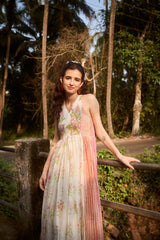 Peach & Pink Striped Chanderi Hand Block Printed Dress