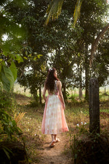 Peach & Pink Striped Chanderi Hand Block Printed Dress