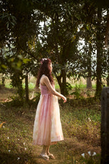 Peach & Pink Striped Chanderi Hand Block Printed Dress