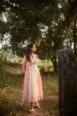 Peach & Pink Striped Chanderi Hand Block Printed Dress