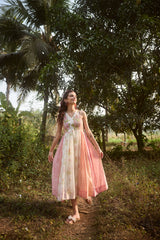 Peach & Pink Striped Chanderi Hand Block Printed Dress