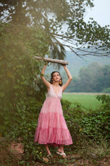 Pink Striped Chanderi Hand Block Printed Dress