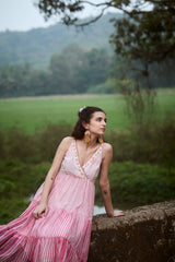 Pink Striped Chanderi Hand Block Printed Dress