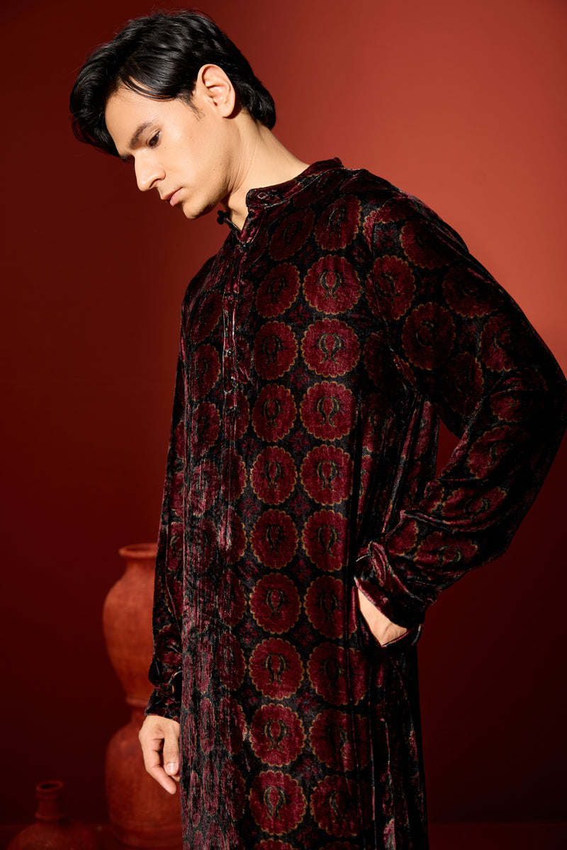 Velvet Printed Kurta - Black
