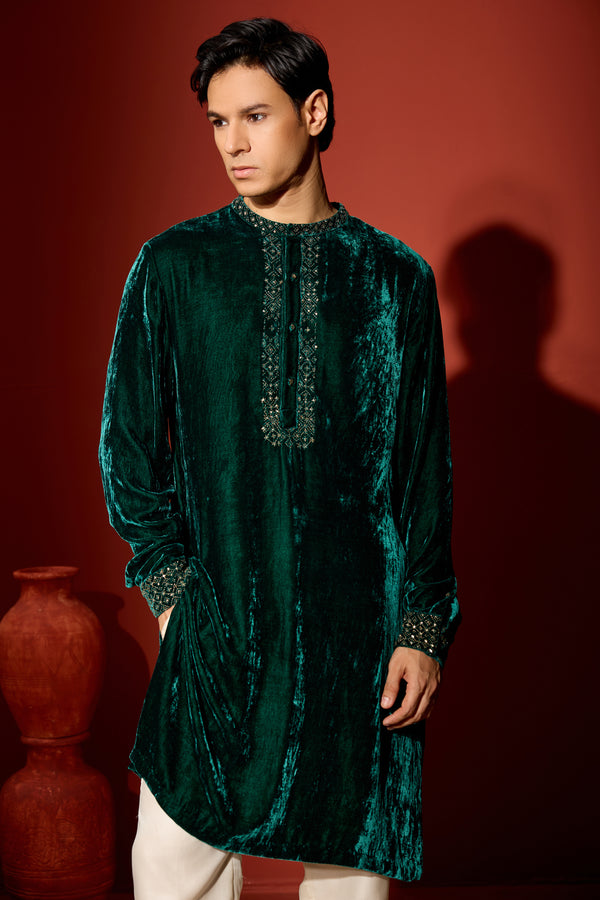 Velvet Hand Embroidered Kurta -Green